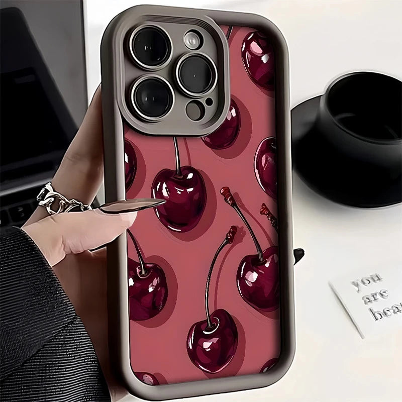 Bright Cherry Pattern Print Shockproof Soft Phone Case For iPhone