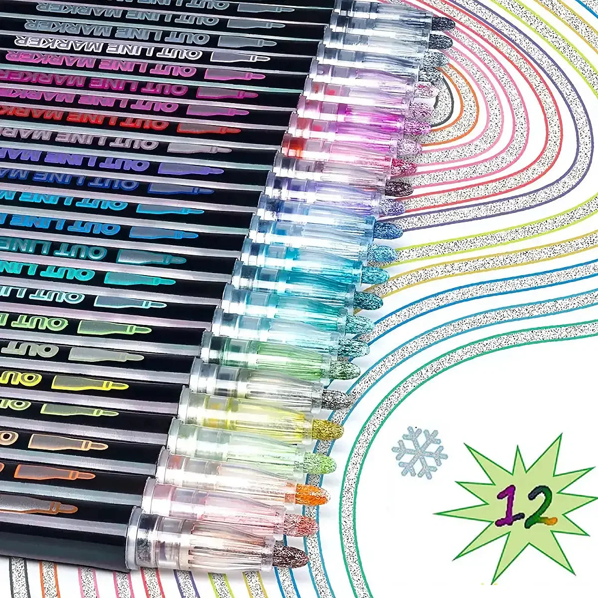 12 Colors double line outline Metallic Highlighter marker pens