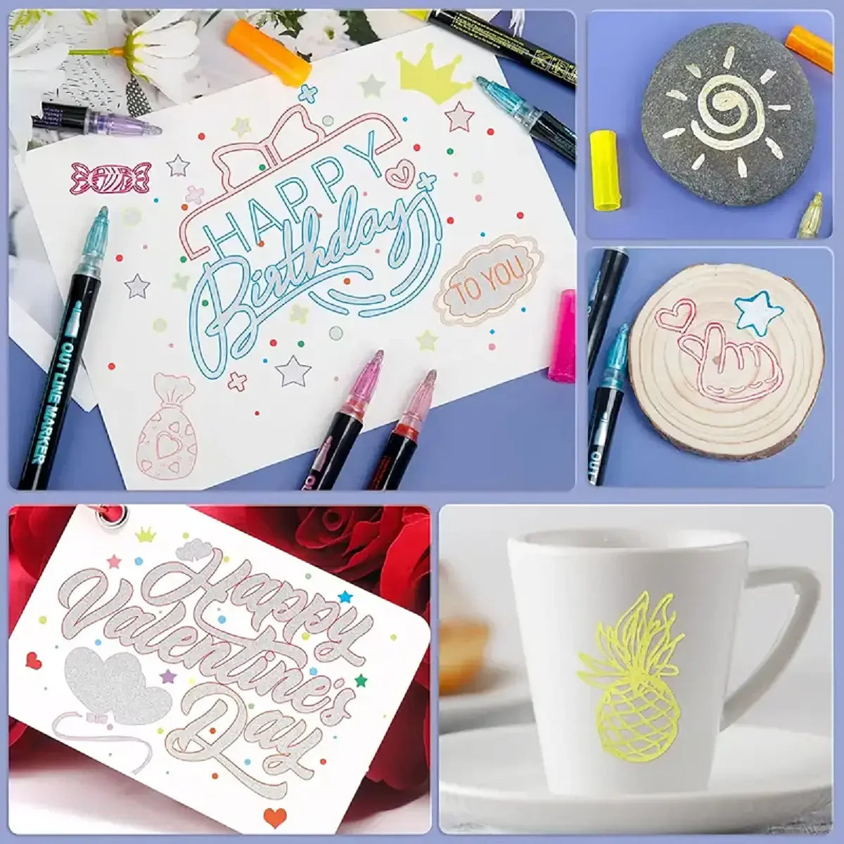 12 Colors double line outline Metallic Highlighter marker pens