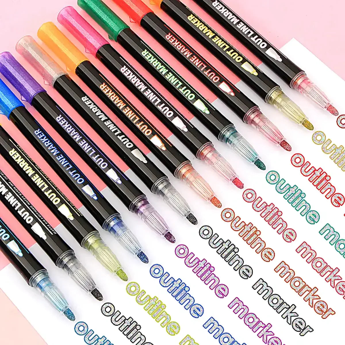 12 Colors double line outline Metallic Highlighter marker pens