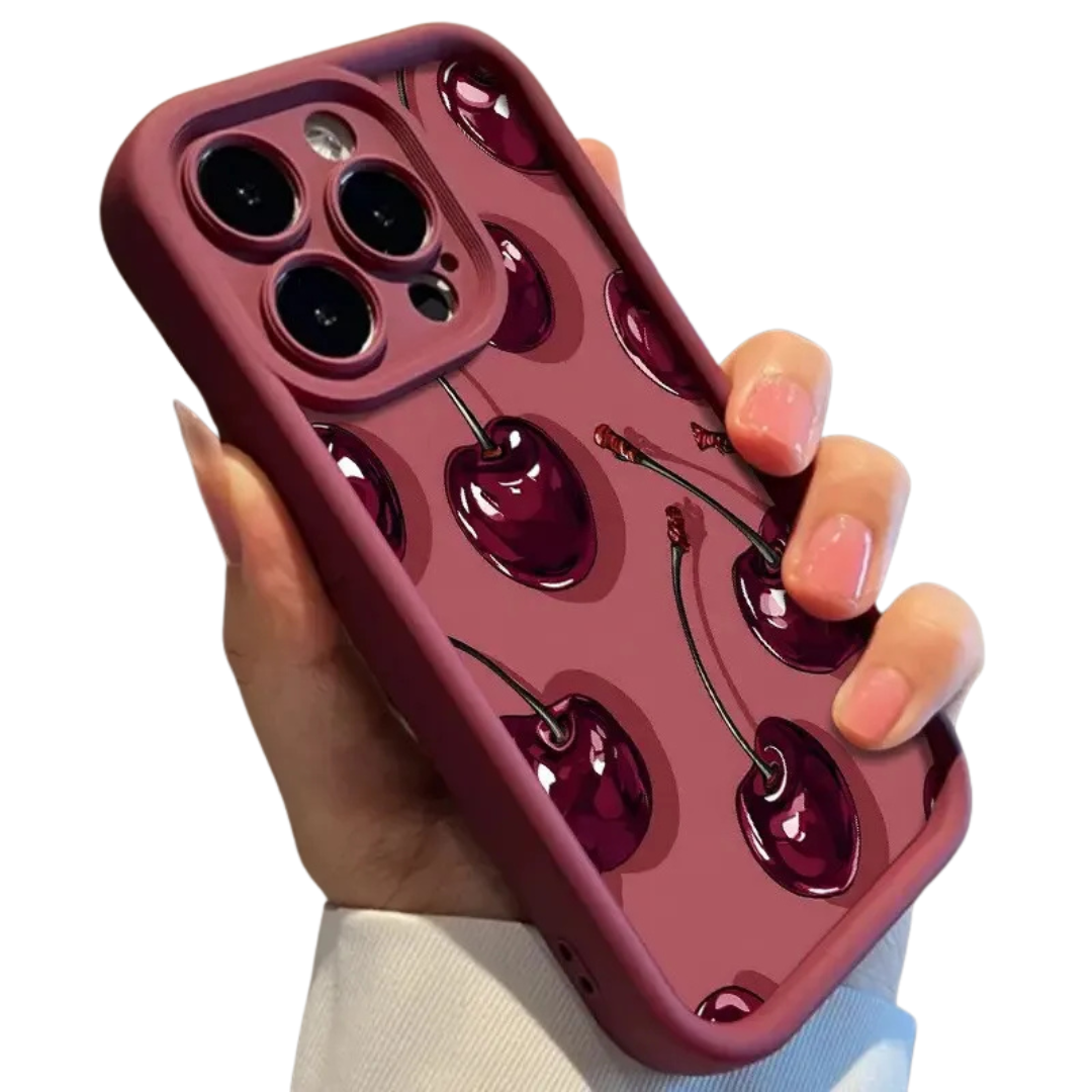 Luxury Wine Red Cherry Print Phone Case for iPhone 11,12,13,14,15,16,17