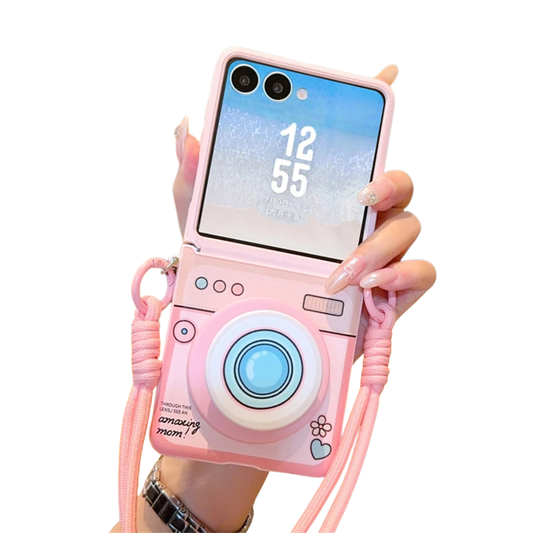 Cute Wrist Strap Pink Girl Camera Pattern Case for Samsung Galaxy Z Flip 7