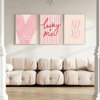 3pcs/set Pink Striped Heart Lucky Me Canvas Print Wall Art