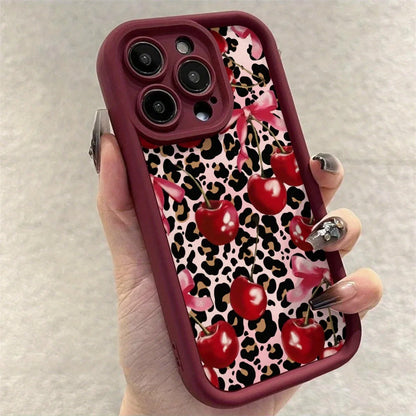 Leopard Print Bow Cherry Pattern IPhone Case 11,12,13,14,15,16,17