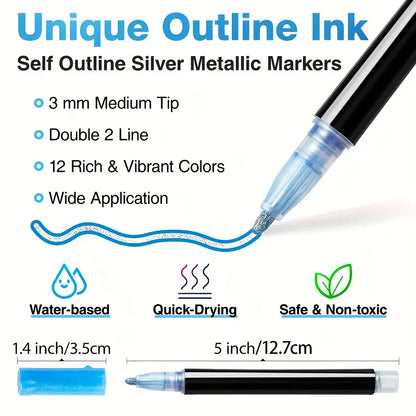 12 Colors double line outline Metallic Highlighter marker pens