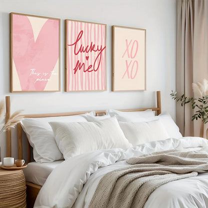 3pcs/set Pink Striped Heart Lucky Me Canvas Print Wall Art