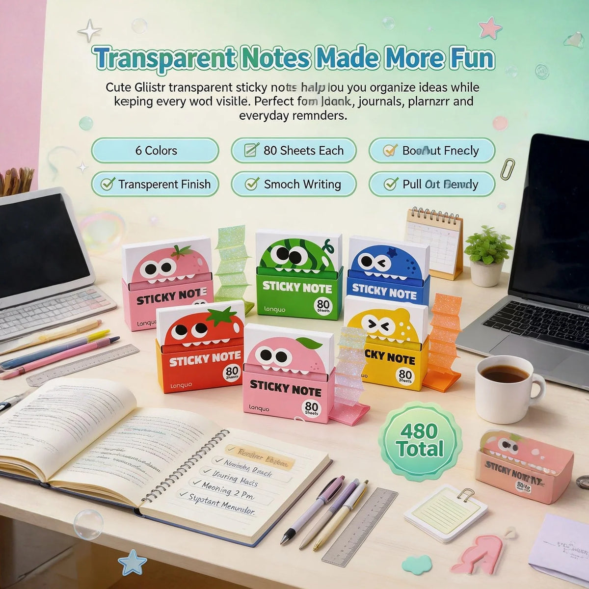 80 Sheets Clear colored shimmer Sticky Notes