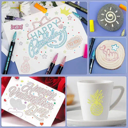 12 Colors double line outline Metallic Highlighter marker pens