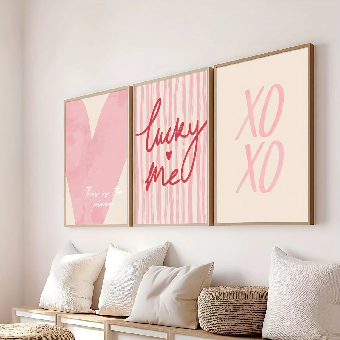 3pcs/set Pink Striped Heart Lucky Me Canvas Print Wall Art
