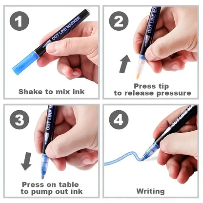 12 Colors double line outline Metallic Highlighter marker pens