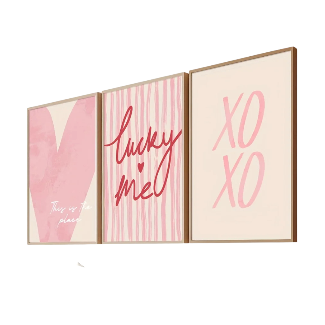 3pcs/set Pink Striped Heart Lucky Me Canvas Print Wall Art